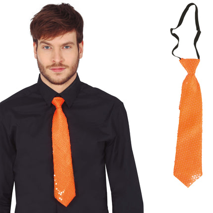 Cravate orange fluo pailletée 37cm