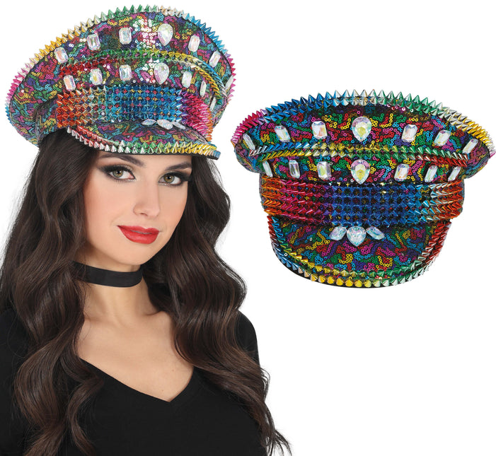 Casquette de police arc-en-ciel avec clous