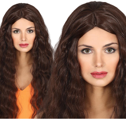 Perruque brune cheveux longs ondulés
