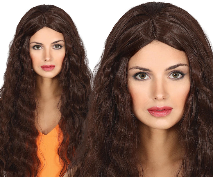 Perruque brune cheveux longs ondulés
