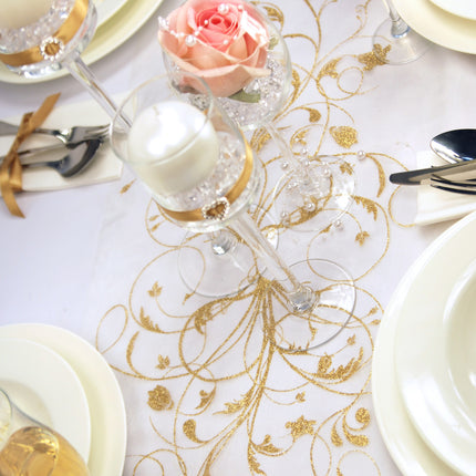 Vanilla Creme Organza Fabric Gold Flowers 36cm 9m