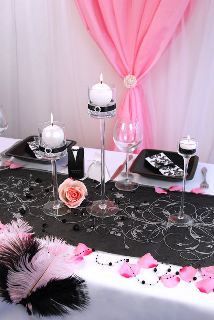 Tissu Organza noir Fleurs argentées 36cm 9m