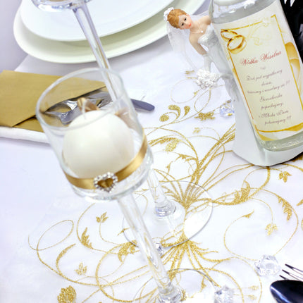 Vanilla Creme Organza Fabric Gold Flowers 36cm 9m