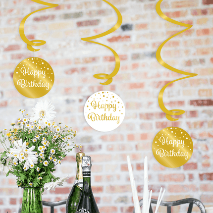 Décoration suspendue Happy Birthday Or Blanc 17cm 3pcs