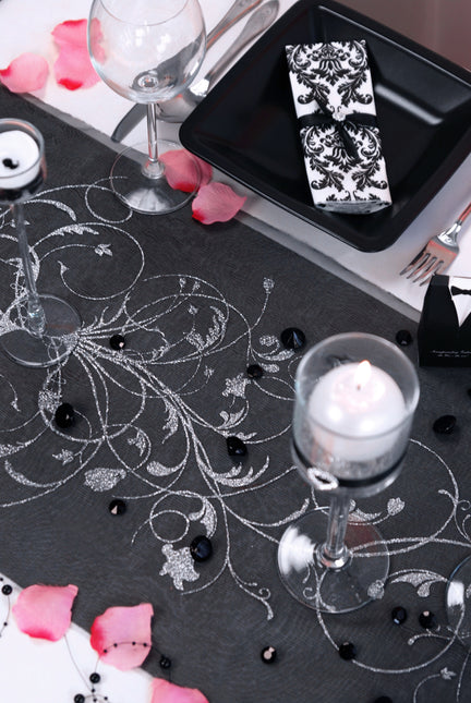 Tissu Organza noir Fleurs argentées 36cm 9m