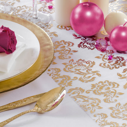 Tissu organza blanc imprimé de fleurs royales dorées et argentées 36cm 9m