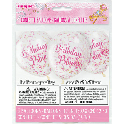 Ballons confettis Birthday Princess 30cm 6pcs