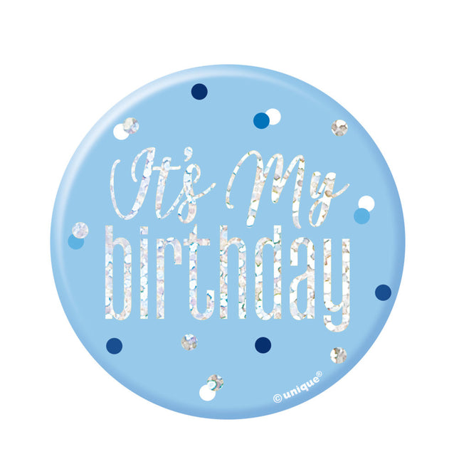 Bouton C'est mon anniversaire bleu 7.6cm