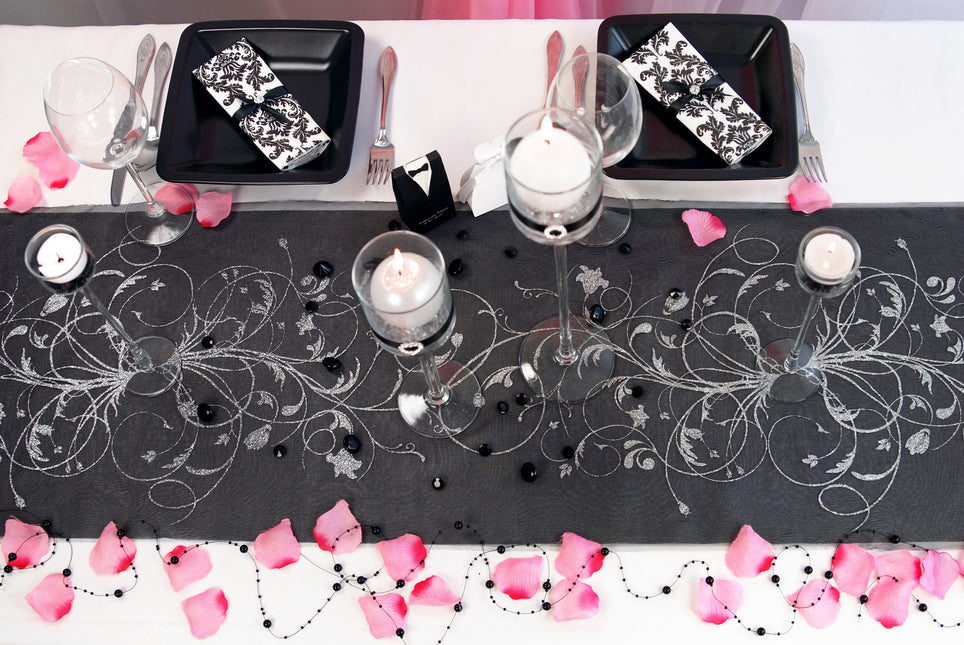 Tissu Organza noir Fleurs argentées 36cm 9m