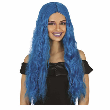 Perruque bleue cheveux longs ondulés