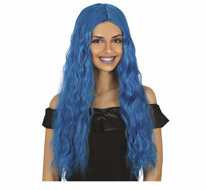 Perruque bleue cheveux longs ondulés