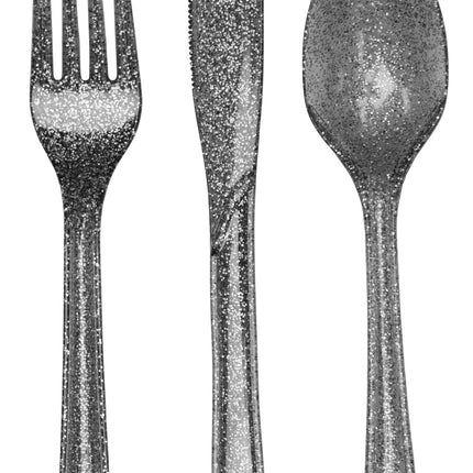 Couverts argentés pailletés en plastique 24 pièces