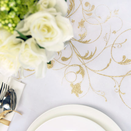 Vanilla Creme Organza Fabric Gold Flowers 36cm 9m