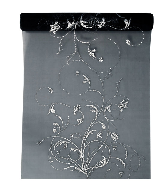 Tissu Organza noir Fleurs argentées 36cm 9m