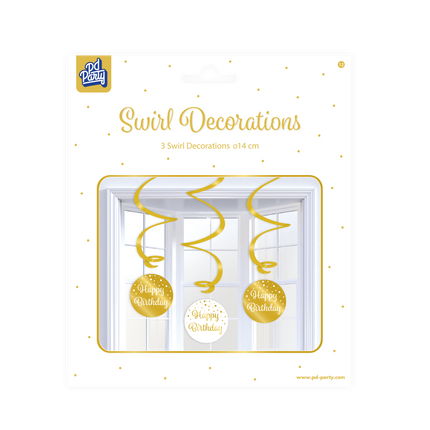 Décoration suspendue Happy Birthday Or Blanc 17cm 3pcs