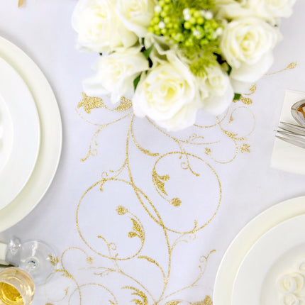 Vanilla Creme Organza Fabric Gold Flowers 36cm 9m