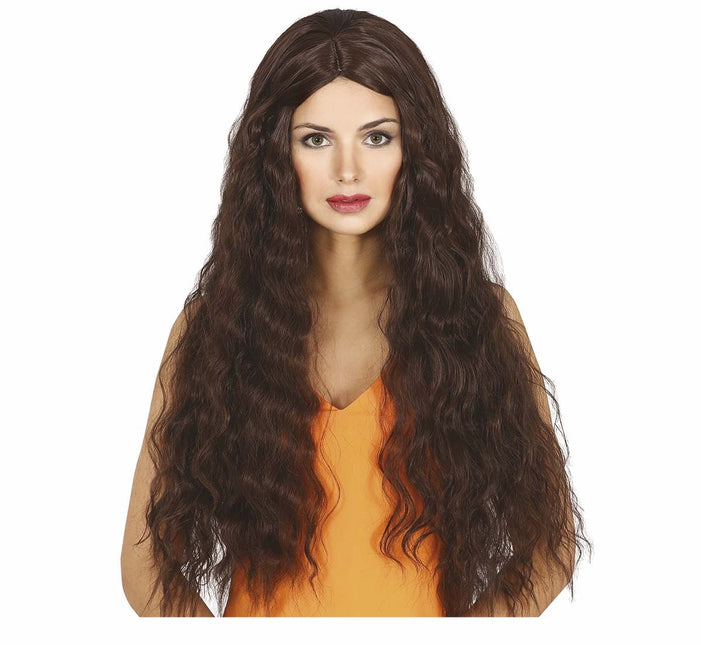 Perruque brune cheveux longs ondulés