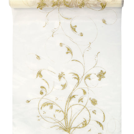 Vanilla Creme Organza Fabric Gold Flowers 36cm 9m
