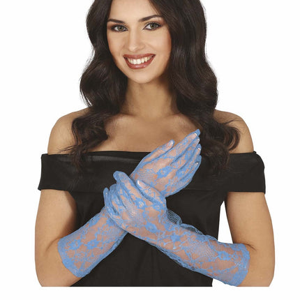 Gants bleu clair en dentelle 38cm