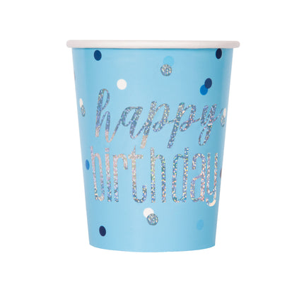 Gobelets Happy Birthday Bleu Pailleté 266ml 8pcs