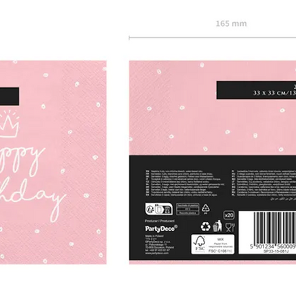 Serviettes de table Happy Birthday Rose 33cm 20pcs