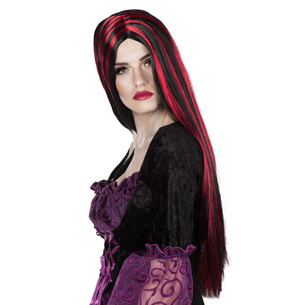 Perruque d'Halloween Cheveux longs Noirs Rouges