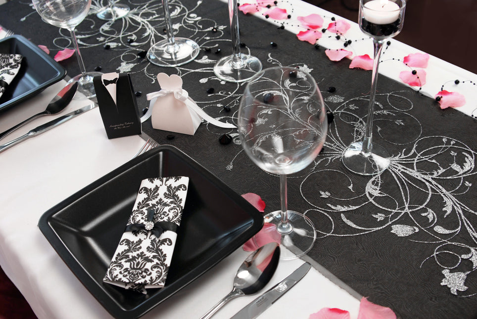 Tissu Organza noir Fleurs argentées 36cm 9m