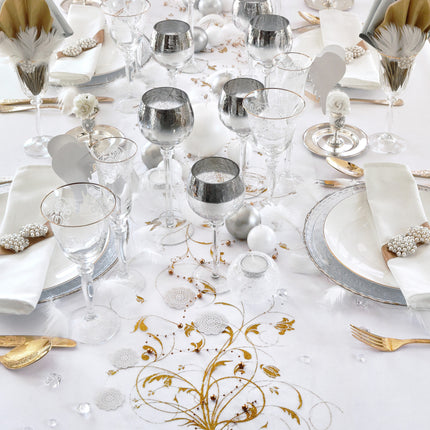 Vanilla Creme Organza Fabric Gold Flowers 36cm 9m