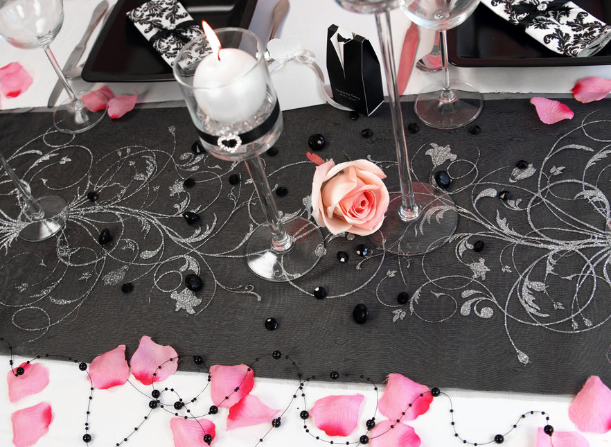 Tissu Organza noir Fleurs argentées 36cm 9m