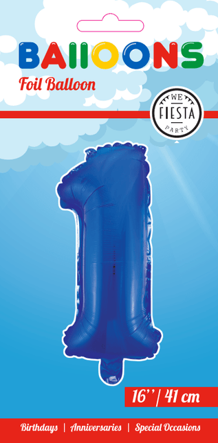 Folie Ballon Cijfer 1 Blauw 41cm met Rietje van WeFiesta koop je bij Partywinkel