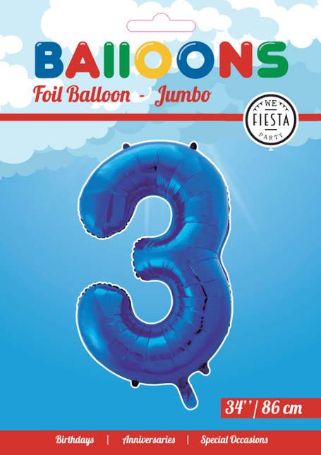 Folie Ballon Cijfer 3 Blauw XL 86cm leeg van WeFiesta koop je bij Partywinkel