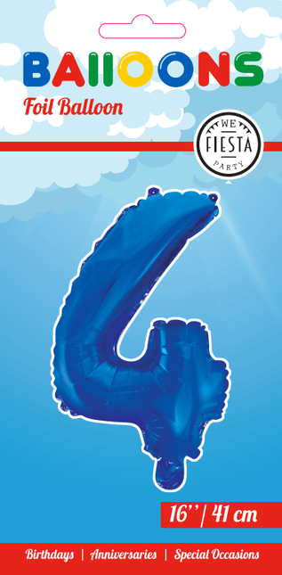 Folie Ballon Cijfer 4 Blauw 41cm met Rietje van WeFiesta koop je bij Partywinkel