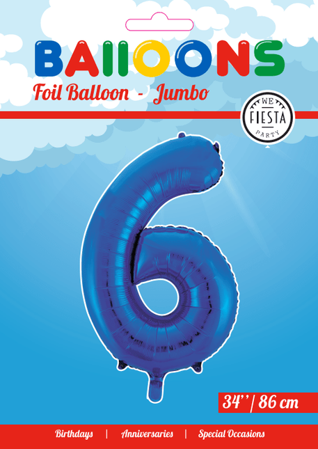 Folie Ballon Cijfer 6 Blauw XL 86cm leeg van WeFiesta koop je bij Partywinkel