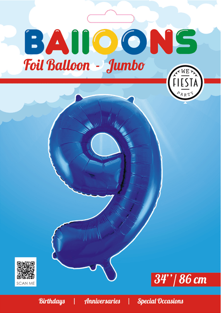 Folie Ballon Cijfer 9 Blauw XL 86cm leeg van WeFiesta koop je bij Partywinkel