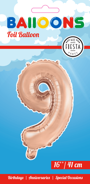 Folie Ballon Cijfer 9 Rose Goud 41cm met Rietje van WeFiesta koop je bij Partywinkel