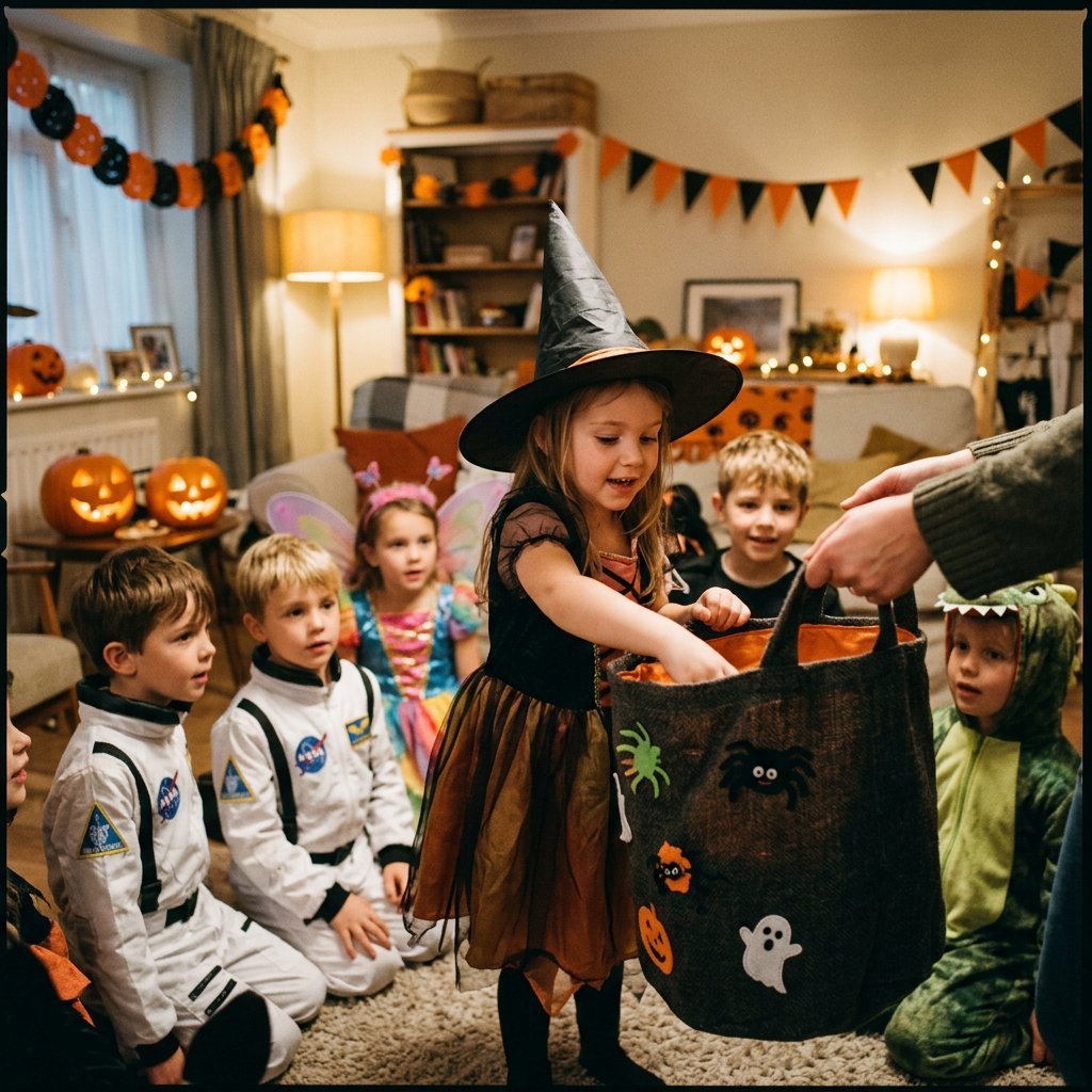 Kinderen giechelen terwijl ze een halloween grabbelton induiken, met pompoendecoraties en kleurrijke slingers in een gezellige woonkamer.