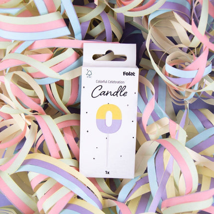 0 Jaar Kaars Geel Paars 9cm van Folat koop je bij Partywinkel