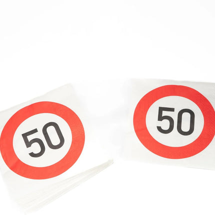Serviettes « 50 ans » avec panneau de signalisation, 33 cm, lot de 20