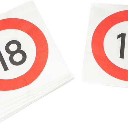Serviettes « 18 ans » avec panneau de signalisation, 33 cm, lot de 20