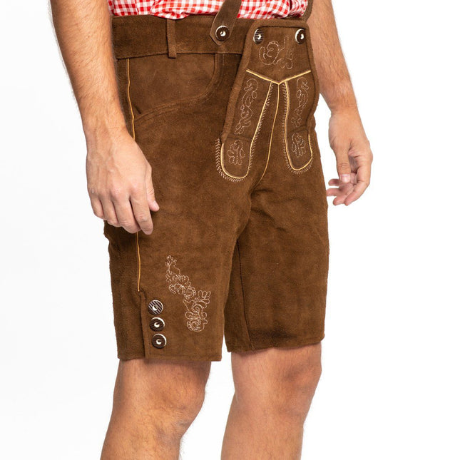 Lederhose en cuir court marron foncé et bretelles