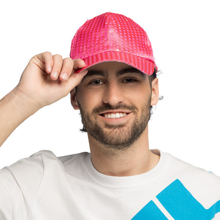 Casquette paillettes party rose fluo