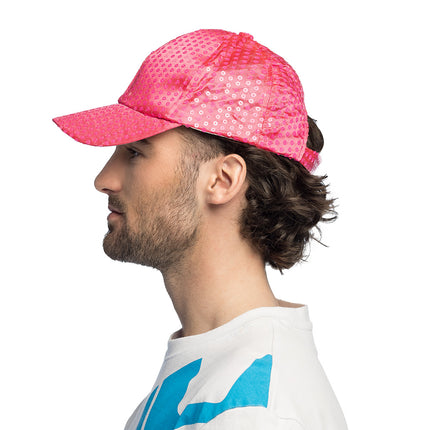Casquette paillettes party rose fluo
