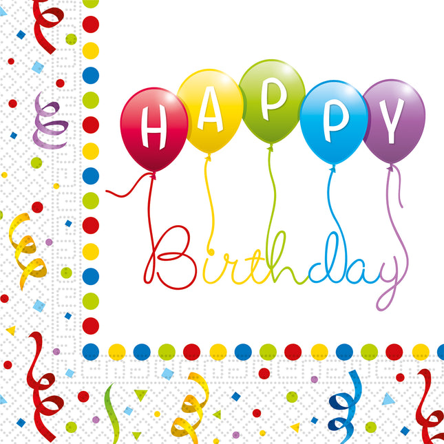 Serviettes de table Happy Birthday colorées 33cm 20pcs