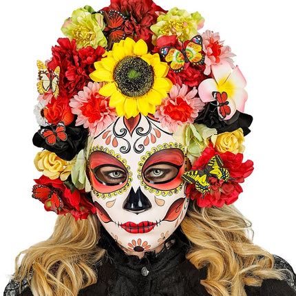 MASQUE LE JOUR DES MORTS AVEC DES TOURNESOLS ET DES FLEURS COLORÉES