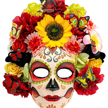 MASQUE LE JOUR DES MORTS AVEC DES TOURNESOLS ET DES FLEURS COLORÉES