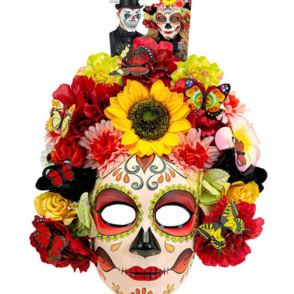 MASQUE LE JOUR DES MORTS AVEC DES TOURNESOLS ET DES FLEURS COLORÉES