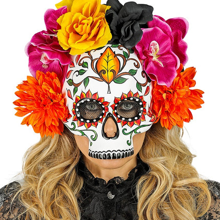MASQUE DE CRÂNE JOUR DES MORTS AVEC DES FLEURS COLORÉES
