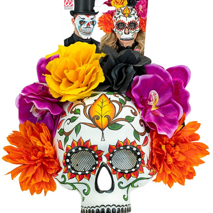 MASQUE DE CRÂNE JOUR DES MORTS AVEC DES FLEURS COLORÉES