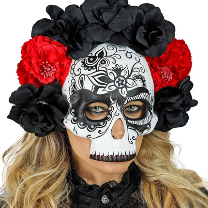 MASQUE DE CRÂNE JOUR DES MORTS AVEC DES ROSES NOIRES ET ROUGES