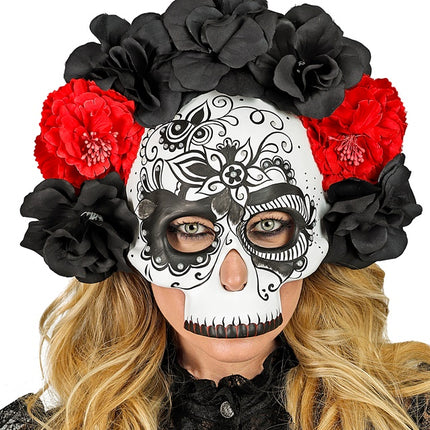 MASQUE DE CRÂNE JOUR DES MORTS AVEC DES ROSES NOIRES ET ROUGES